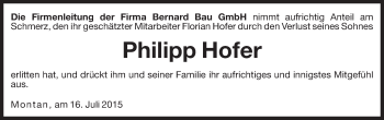 Traueranzeige von Philipp Hofer von Dolomiten