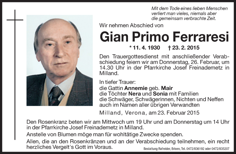  Traueranzeige für Gian Primo Ferraresi vom 25.02.2015 aus Dolomiten