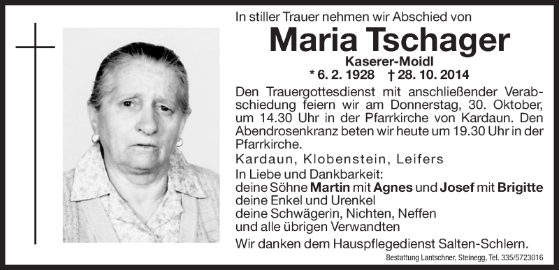  Traueranzeige für Maria Tschager vom 29.10.2014 aus Dolomiten