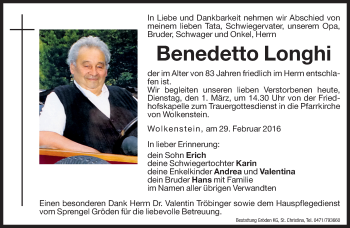 Traueranzeige von Benedetto Longhi von Dolomiten