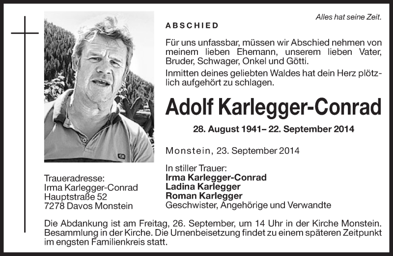  Traueranzeige für Adolf Karlegger-Conrad vom 25.09.2014 aus Dolomiten