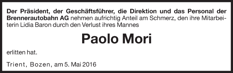  Traueranzeige für Paolo Mori vom 05.05.2016 aus Dolomiten