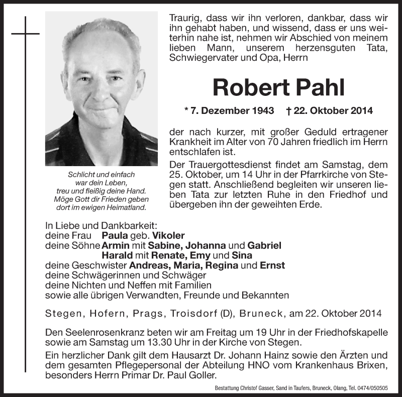  Traueranzeige für Robert Pahl vom 24.10.2014 aus Dolomiten