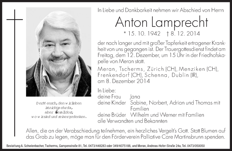  Traueranzeige für Anton Lamprecht vom 10.12.2014 aus Dolomiten