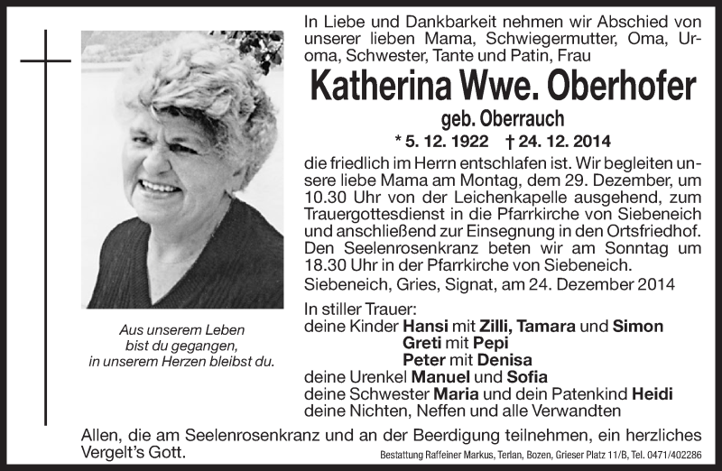  Traueranzeige für Katherina Oberhofer vom 27.12.2014 aus Dolomiten