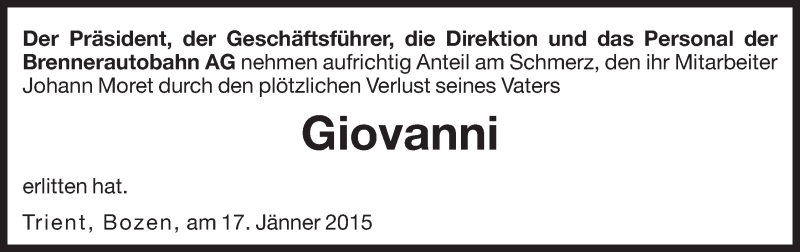  Traueranzeige für Giovanni Moret vom 17.01.2015 aus Dolomiten