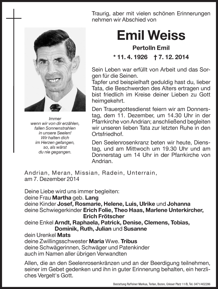  Traueranzeige für Emil Weiss vom 09.12.2014 aus Dolomiten