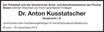 Traueranzeige von Anton Kusstatscher von Dolomiten