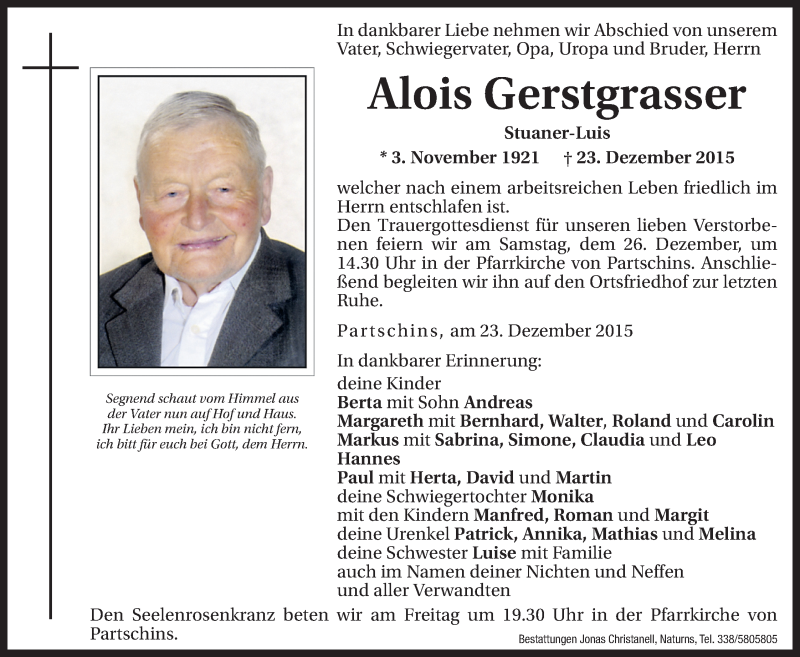  Traueranzeige für Alois Gerstgrasser vom 24.12.2015 aus Dolomiten