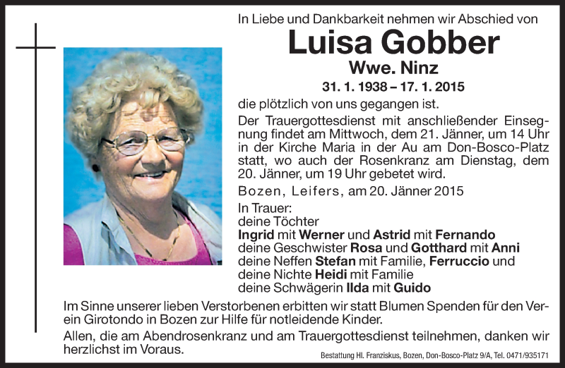  Traueranzeige für Luisa Ninz vom 20.01.2015 aus Dolomiten