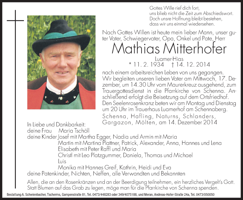  Traueranzeige für Mathias Mitterhofer vom 15.12.2014 aus Dolomiten