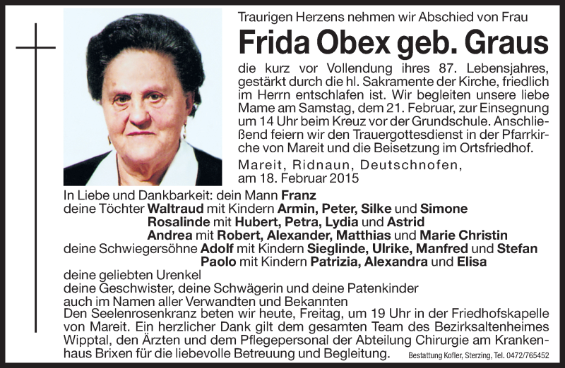  Traueranzeige für Frida Obex vom 20.02.2015 aus Dolomiten