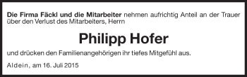 Traueranzeige von Philipp Hofer von Dolomiten