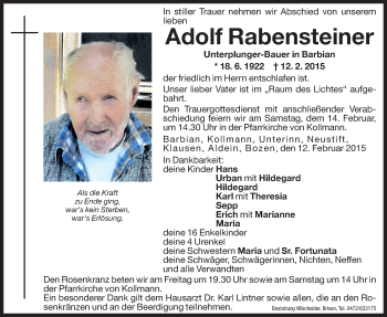 Traueranzeige von Adolf Rabensteiner von Dolomiten