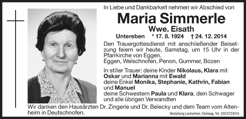  Traueranzeige für Maria Eisath vom 27.12.2014 aus Dolomiten