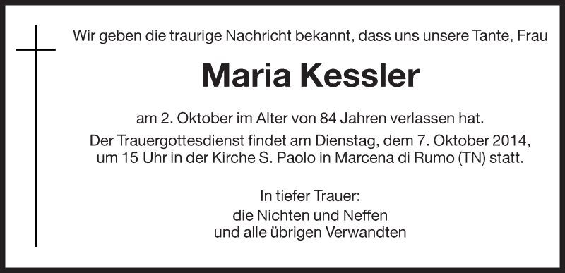  Traueranzeige für Maria Kessler vom 04.10.2014 aus Dolomiten