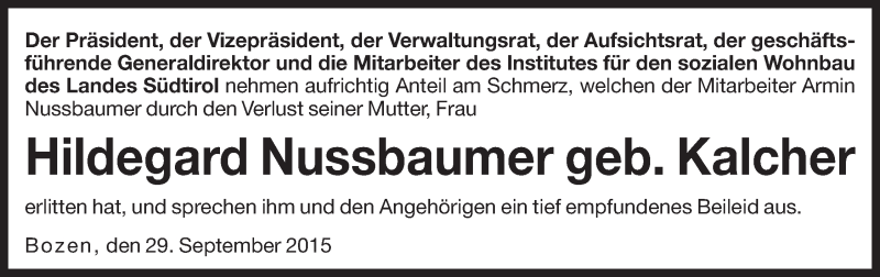  Traueranzeige für Hildegard Nussbaumer vom 29.09.2015 aus Dolomiten