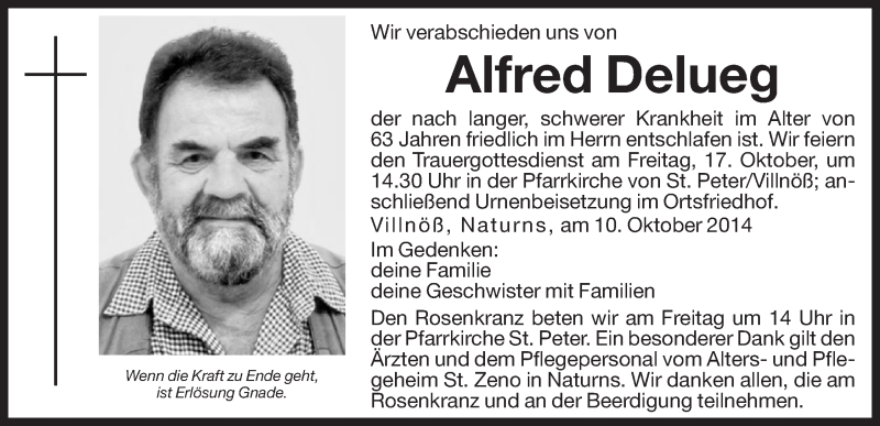  Traueranzeige für Alfred Delueg vom 16.10.2014 aus Dolomiten