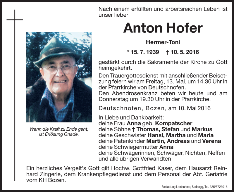  Traueranzeige für Anton Hofer vom 11.05.2016 aus Dolomiten