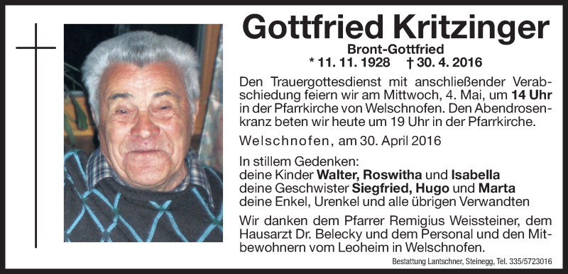  Traueranzeige für Gottfried Kritzinger vom 03.05.2016 aus Dolomiten