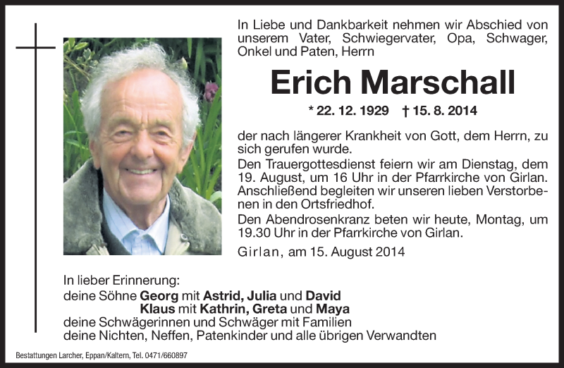  Traueranzeige für Erich Marschall vom 18.08.2014 aus Dolomiten