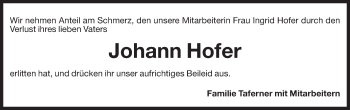 Traueranzeige von Johann Hofer von Dolomiten