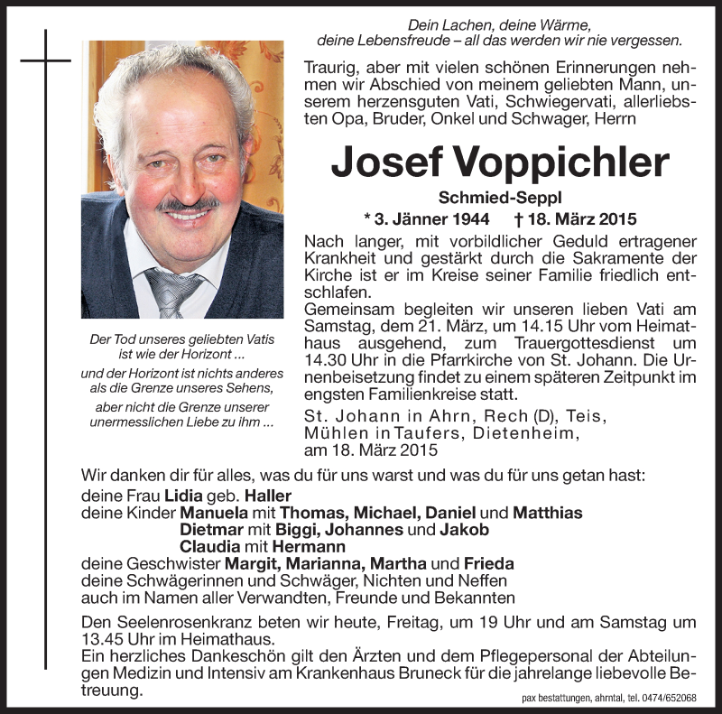  Traueranzeige für Josef Voppichler vom 20.03.2015 aus Dolomiten