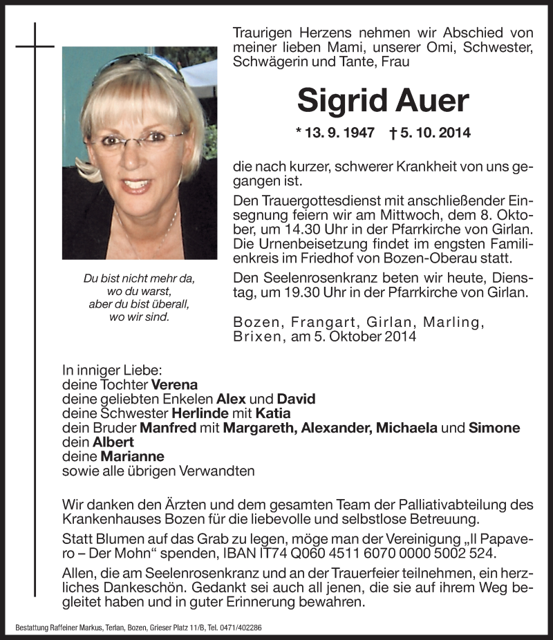  Traueranzeige für Sigrid Auer vom 07.10.2014 aus Dolomiten