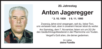 Traueranzeige von Anton Jageregger von Dolomiten