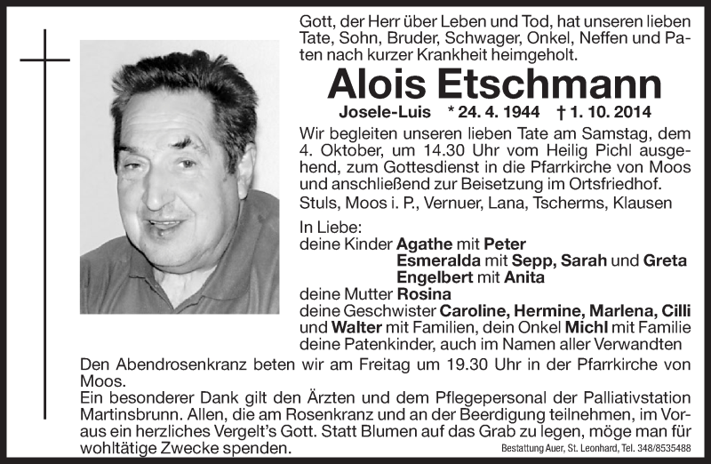  Traueranzeige für Alois Etschmann vom 03.10.2014 aus Dolomiten