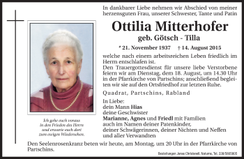 Traueranzeige von Ottilia Mitterhofer von Dolomiten