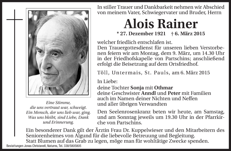  Traueranzeige für Alois Rainer vom 07.03.2015 aus Dolomiten