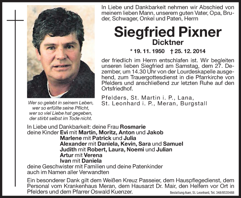  Traueranzeige für Siegfried Pixner vom 27.12.2014 aus Dolomiten