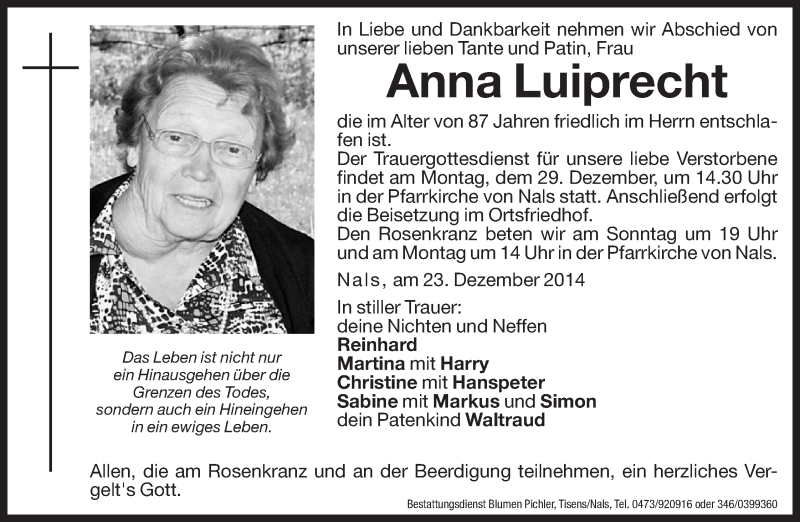  Traueranzeige für Anna Luiprecht vom 27.12.2014 aus Dolomiten