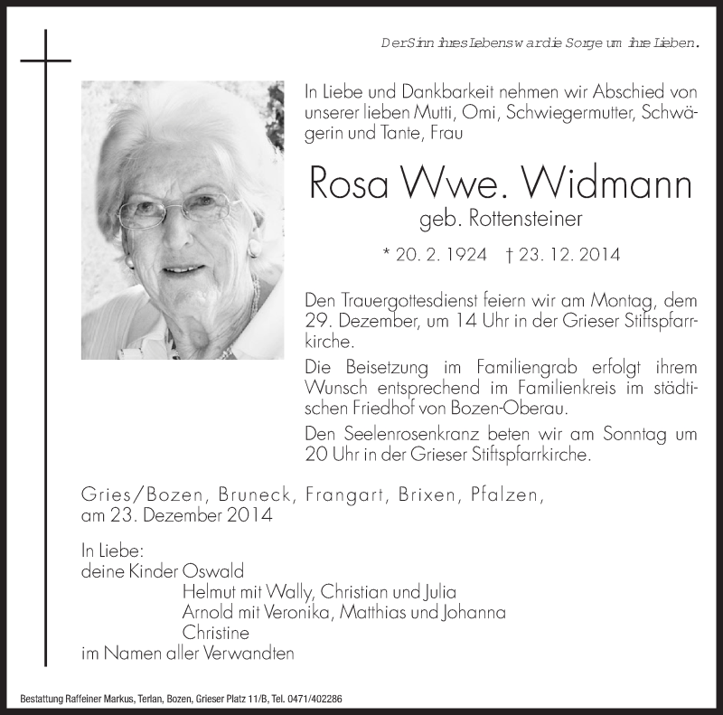  Traueranzeige für Rosa Widmann vom 27.12.2014 aus Dolomiten