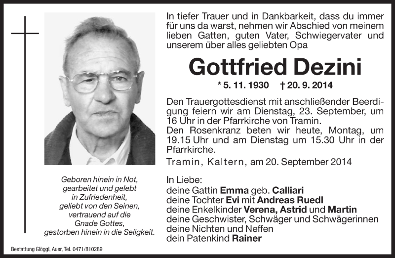  Traueranzeige für Gottfried Dezini vom 22.09.2014 aus Dolomiten