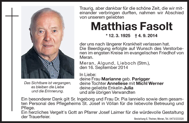  Traueranzeige für Matthias Fasolt vom 16.09.2014 aus Dolomiten