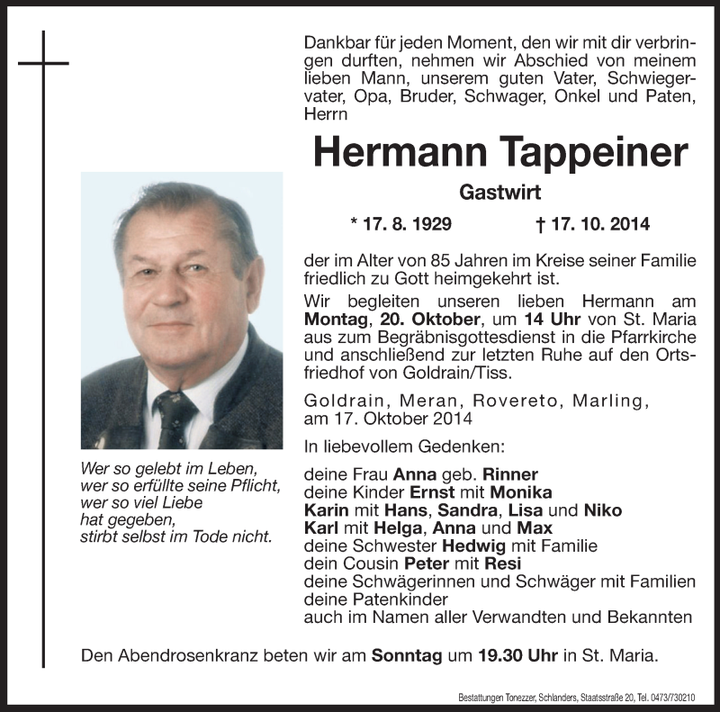  Traueranzeige für Hermann Tappeiner vom 18.10.2014 aus Dolomiten