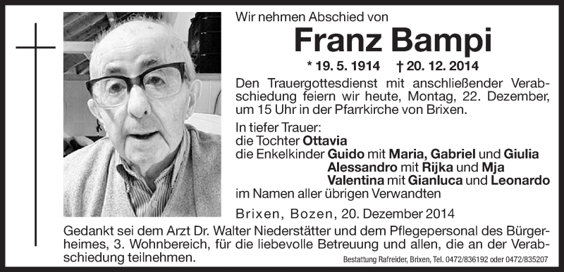  Traueranzeige für Franz Bampi vom 22.12.2014 aus Dolomiten