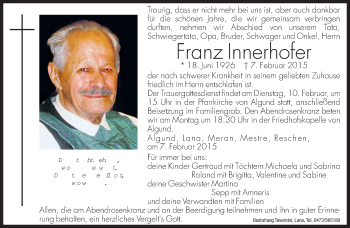 Traueranzeige von Franz Innerhofer von Dolomiten