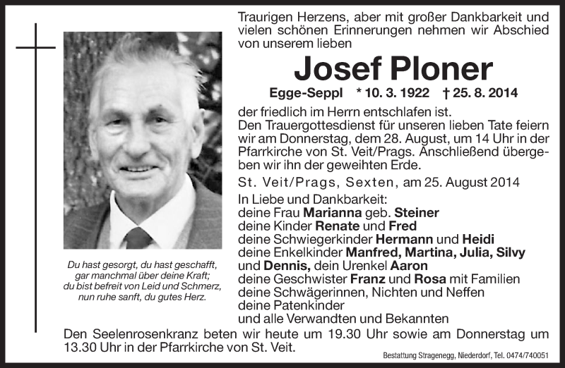  Traueranzeige für Josef Ploner vom 27.08.2014 aus Dolomiten