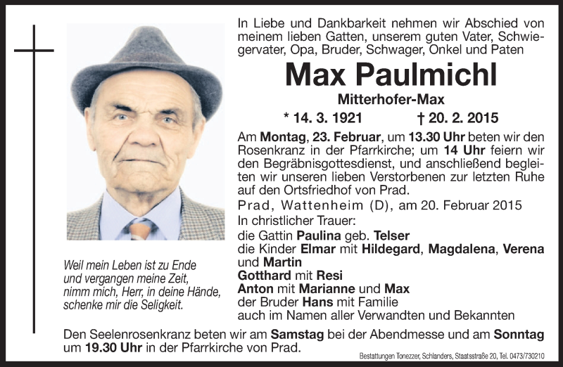  Traueranzeige für Max Paulmichl vom 21.02.2015 aus Dolomiten