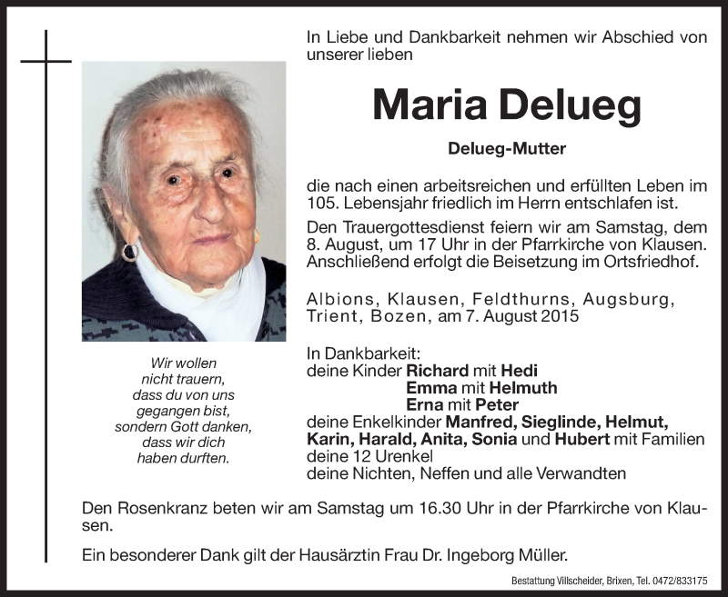  Traueranzeige für Maria Delueg vom 08.08.2015 aus Dolomiten