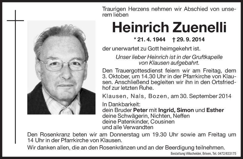  Traueranzeige für Heinrich Zuenelli vom 01.10.2014 aus Dolomiten