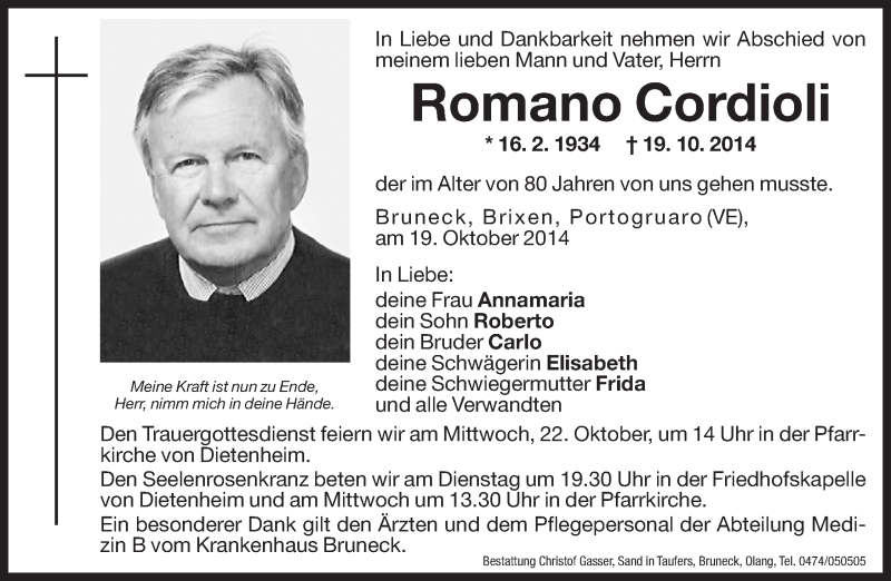  Traueranzeige für Romano Cordioli vom 21.10.2014 aus Dolomiten