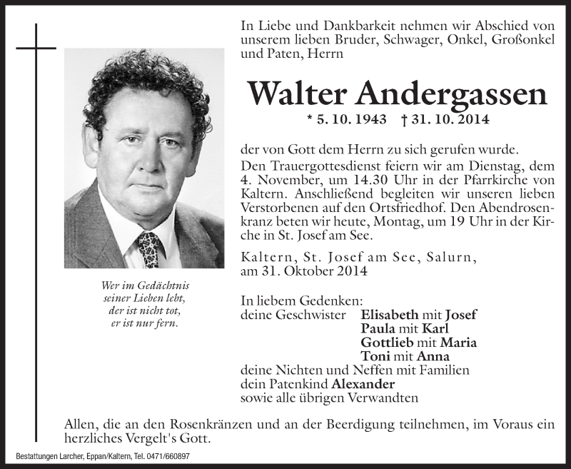  Traueranzeige für Walter Andergassen vom 03.11.2014 aus Dolomiten