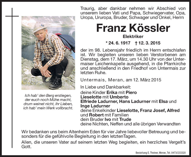  Traueranzeige für Franz Kössler vom 14.03.2015 aus Dolomiten