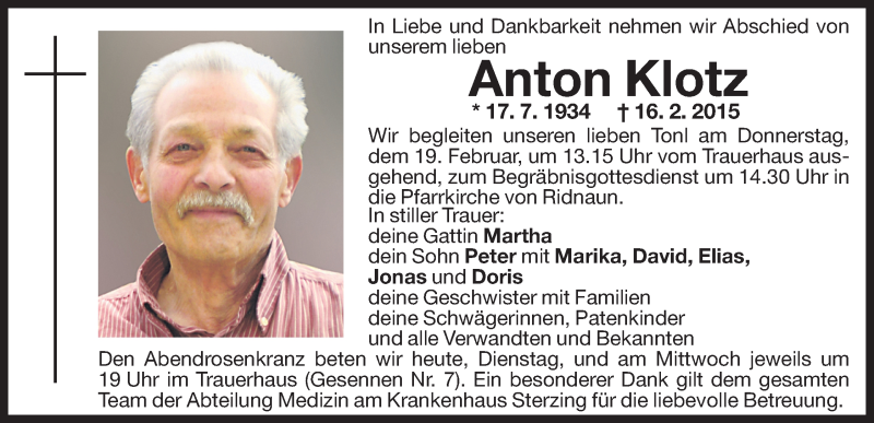  Traueranzeige für Anton Klotz vom 17.02.2015 aus Dolomiten