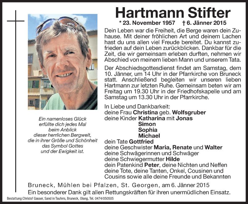  Traueranzeige für Hartmann Stifter vom 09.01.2015 aus Dolomiten