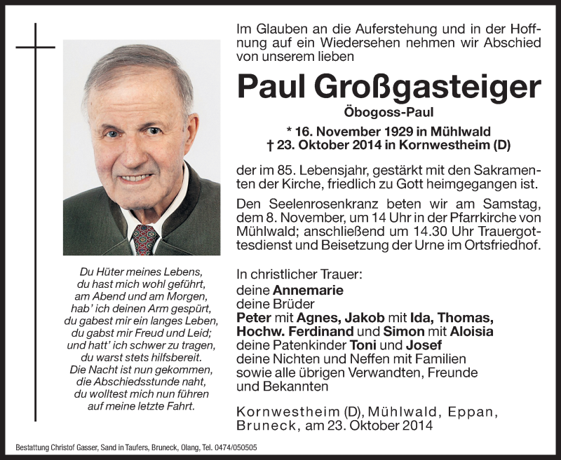  Traueranzeige für Paul Großgasteiger vom 05.11.2014 aus Dolomiten